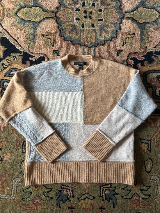 Forever 21 Sweaters - Forever 21 Patchwork Crewneck Sweater - Beige, Light Gray cable knit, Cream